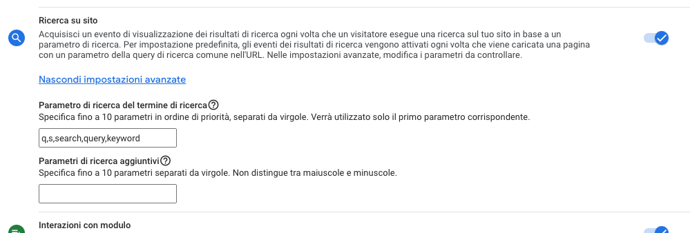 ricerca sul sito: google analytics 4